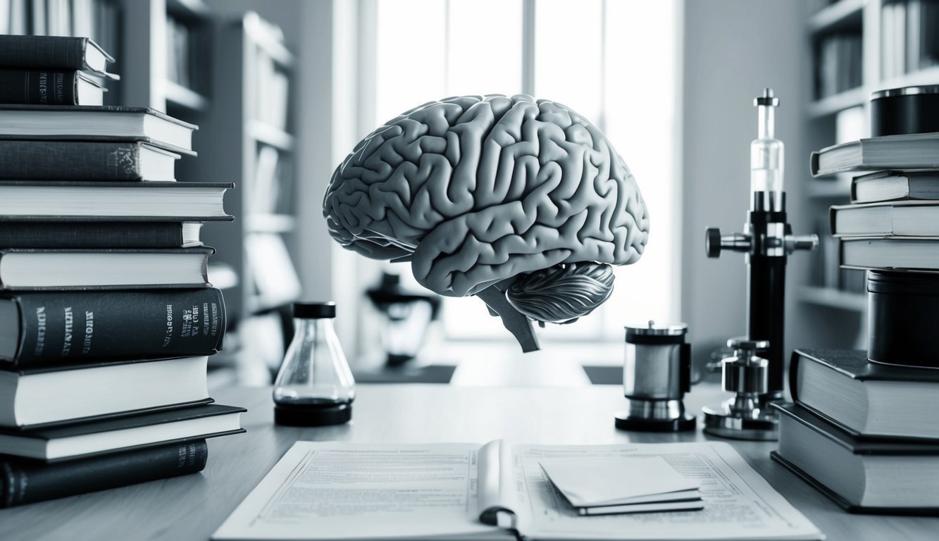 A brain surrounded by books and scientific equipment, with a path leading towards a diploma and a career in neuropsychology