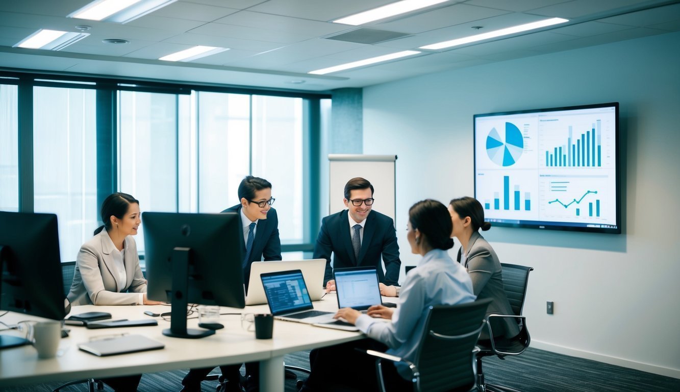 A contemporary office space featuring computers, charts, and graphs, where professionals are collaborating in a conference room