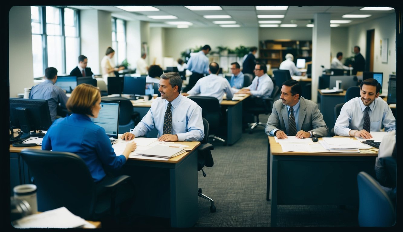 A lively office where employees are at their desks, some conversing while others focus on tasks, creating a professional yet congenial atmosphere combining collaboration with individual effort