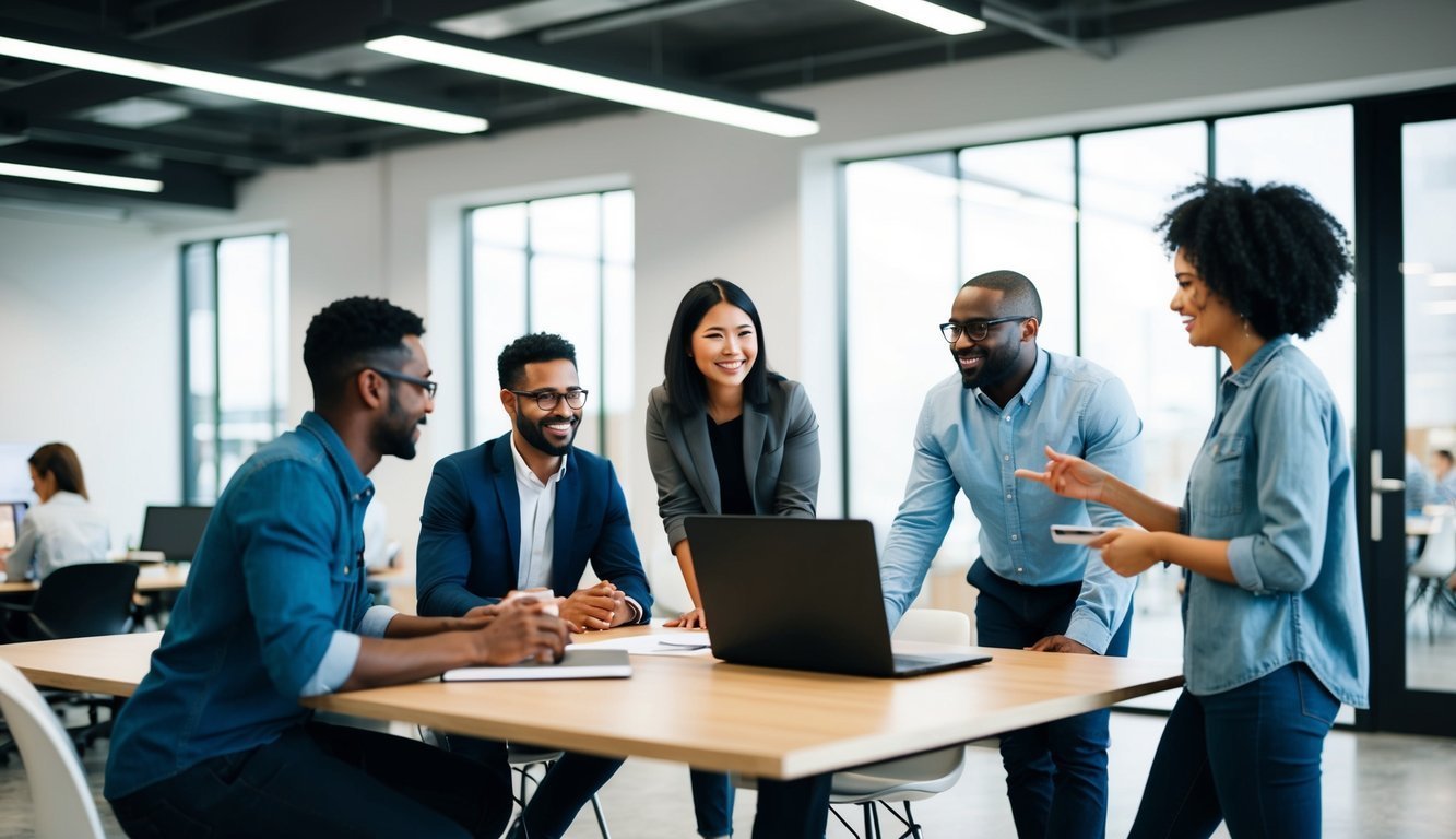 A diverse group of employees collaborating in an open office space filled with natural light