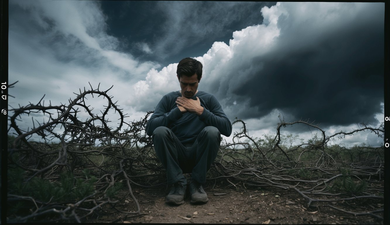 An individual seated alone, enveloped by swirling dark clouds and tangled vines, feeling a heavy weight on their chest