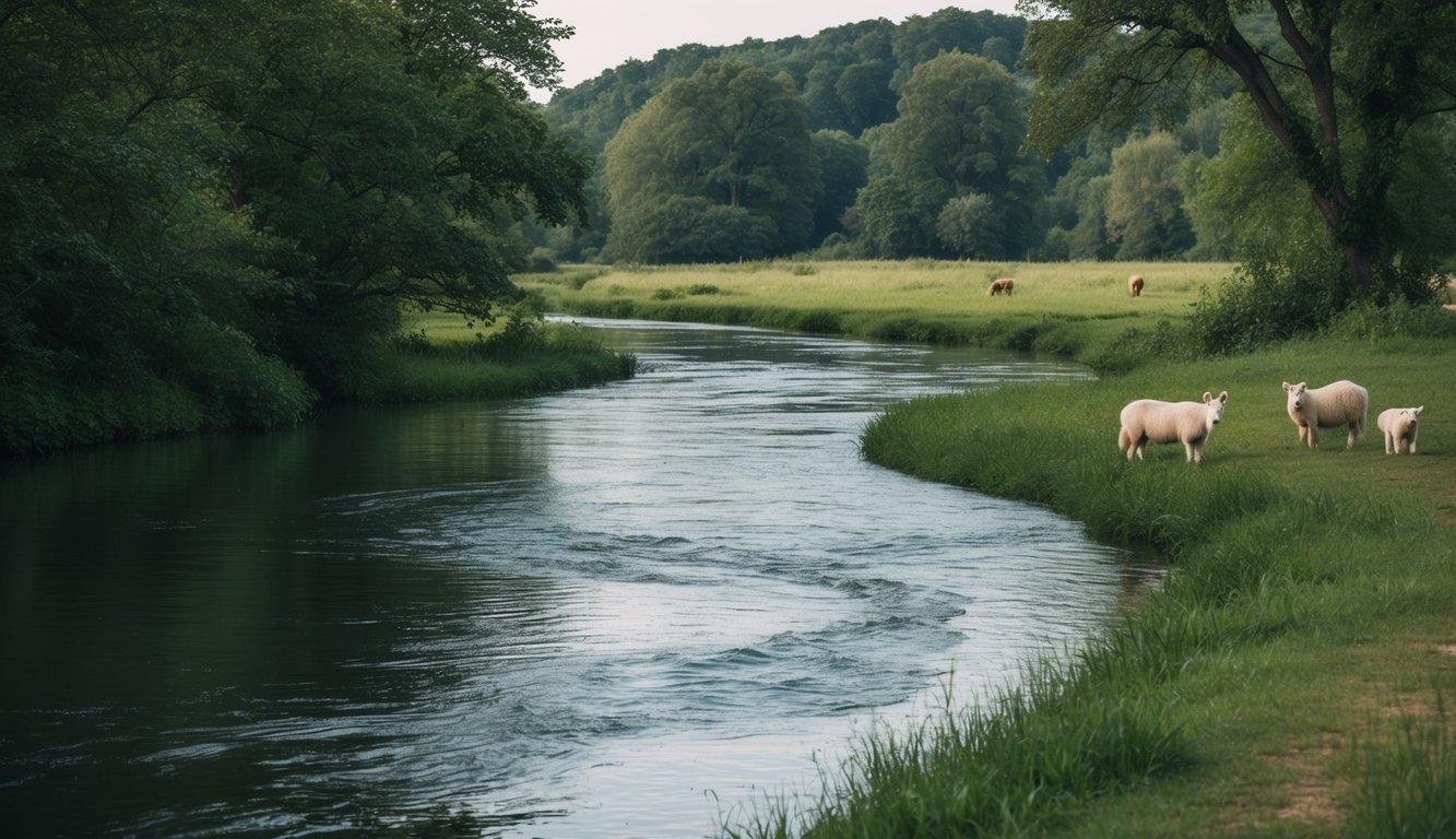 A serene landscape with a calm, flowing river surrounded by lush greenery and peaceful animals