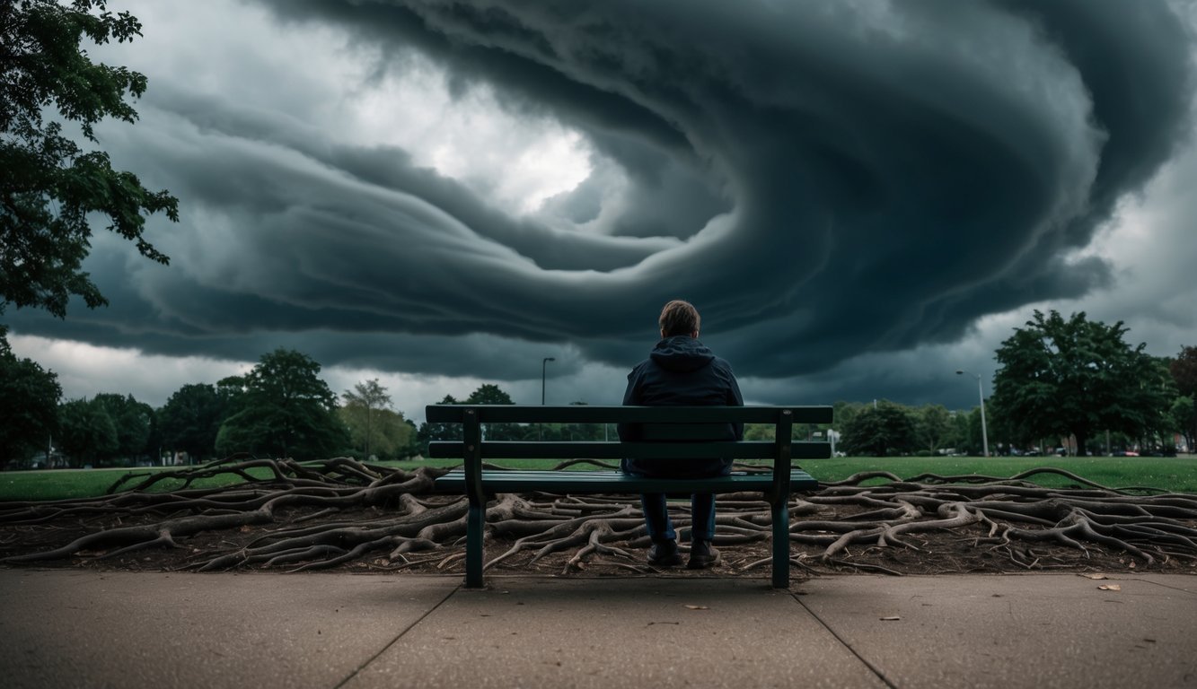 A person sitting alone on a park bench, surrounded by swirling dark clouds and tangled roots, with a sense of unease and tension in the air