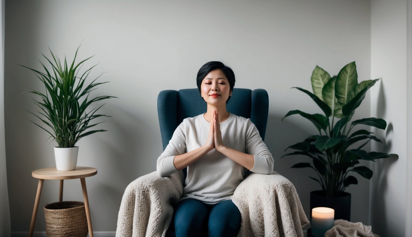 An individual seated with calming elements such as plants and soft lighting, practicing deep breathing or mindfulness to manage anxiety