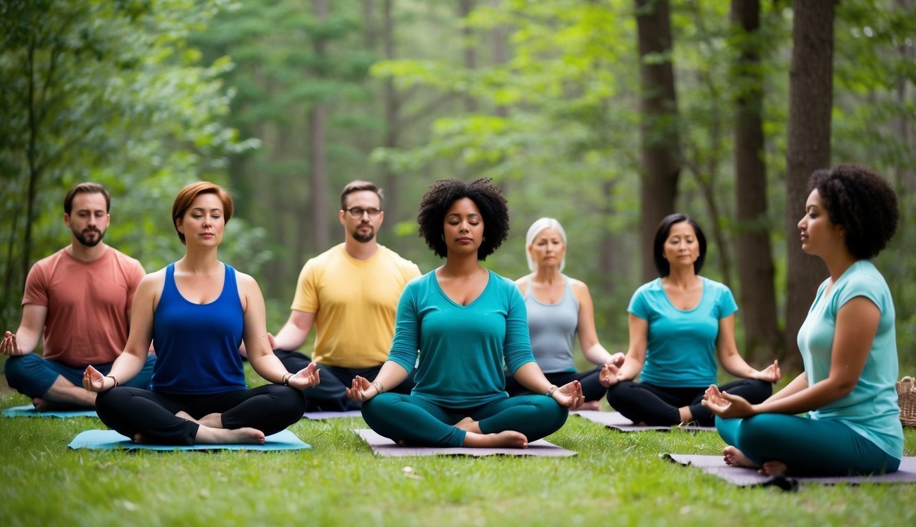 A diverse group of people engage in calming activities such as yoga, meditation, and nature walks to manage GAD symptoms