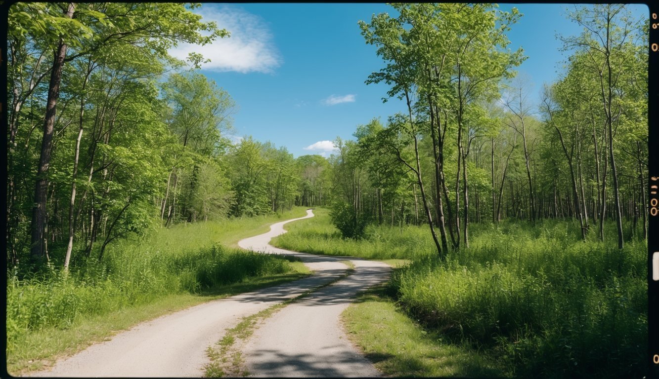 A peaceful nature scene featuring a winding path through a serene forest, filtered sunlight, and a clear blue sky above