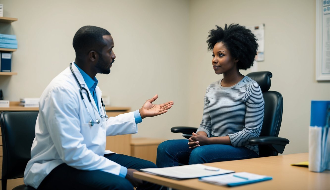 A person sitting in a doctor's office, receiving a diagnosis of panic disorder and discussing treatment options with the doctor