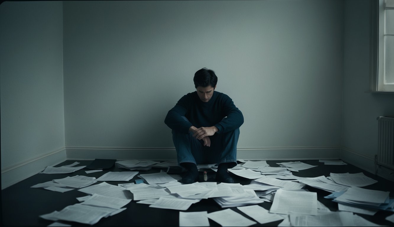 A person sits alone in a dimly lit room, surrounded by scattered papers and a racing mind, feeling overwhelmed by the weight of panic