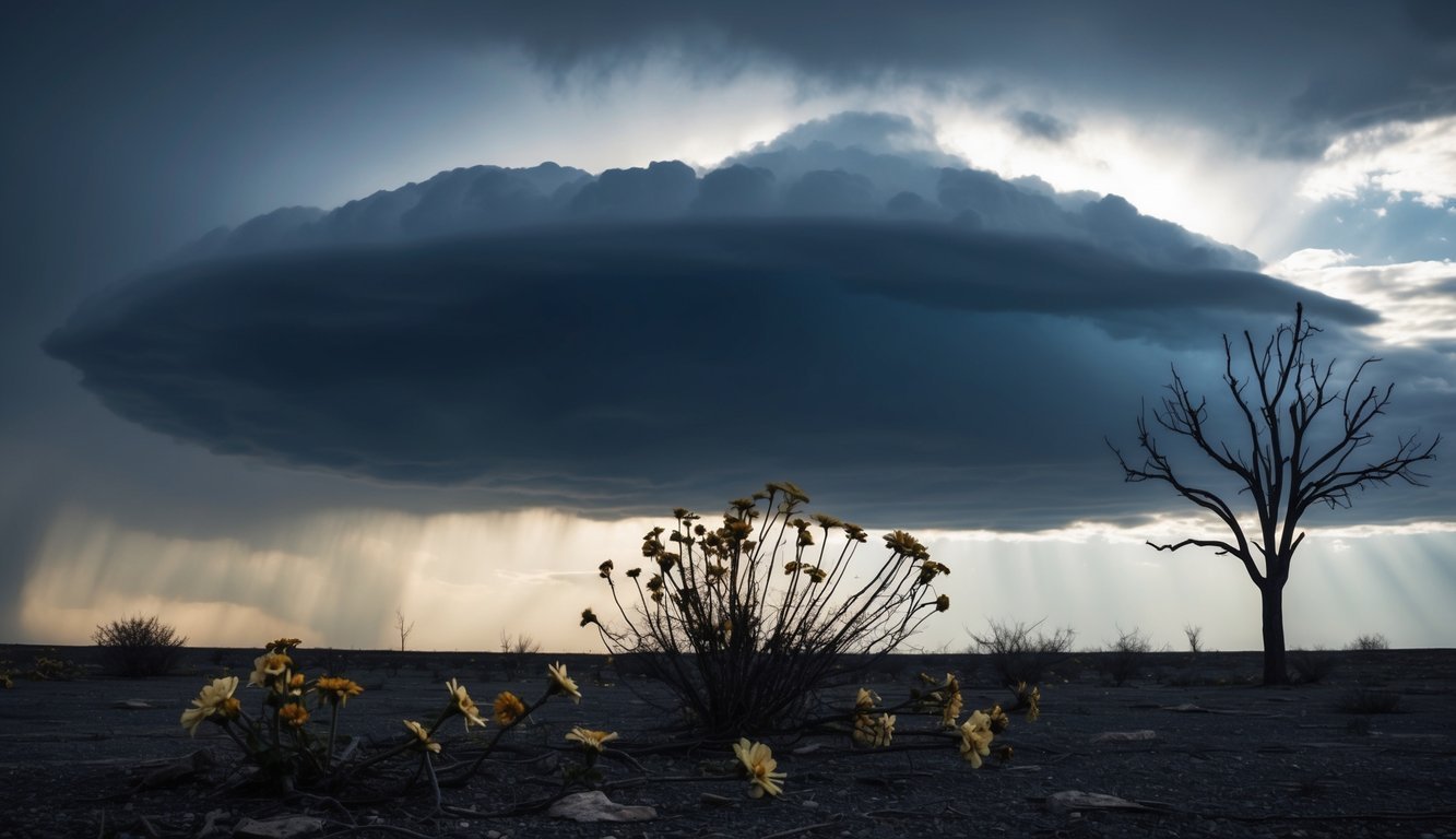 A dark storm cloud looms over a barren landscape, casting shadows on wilted flowers and a desolate tree