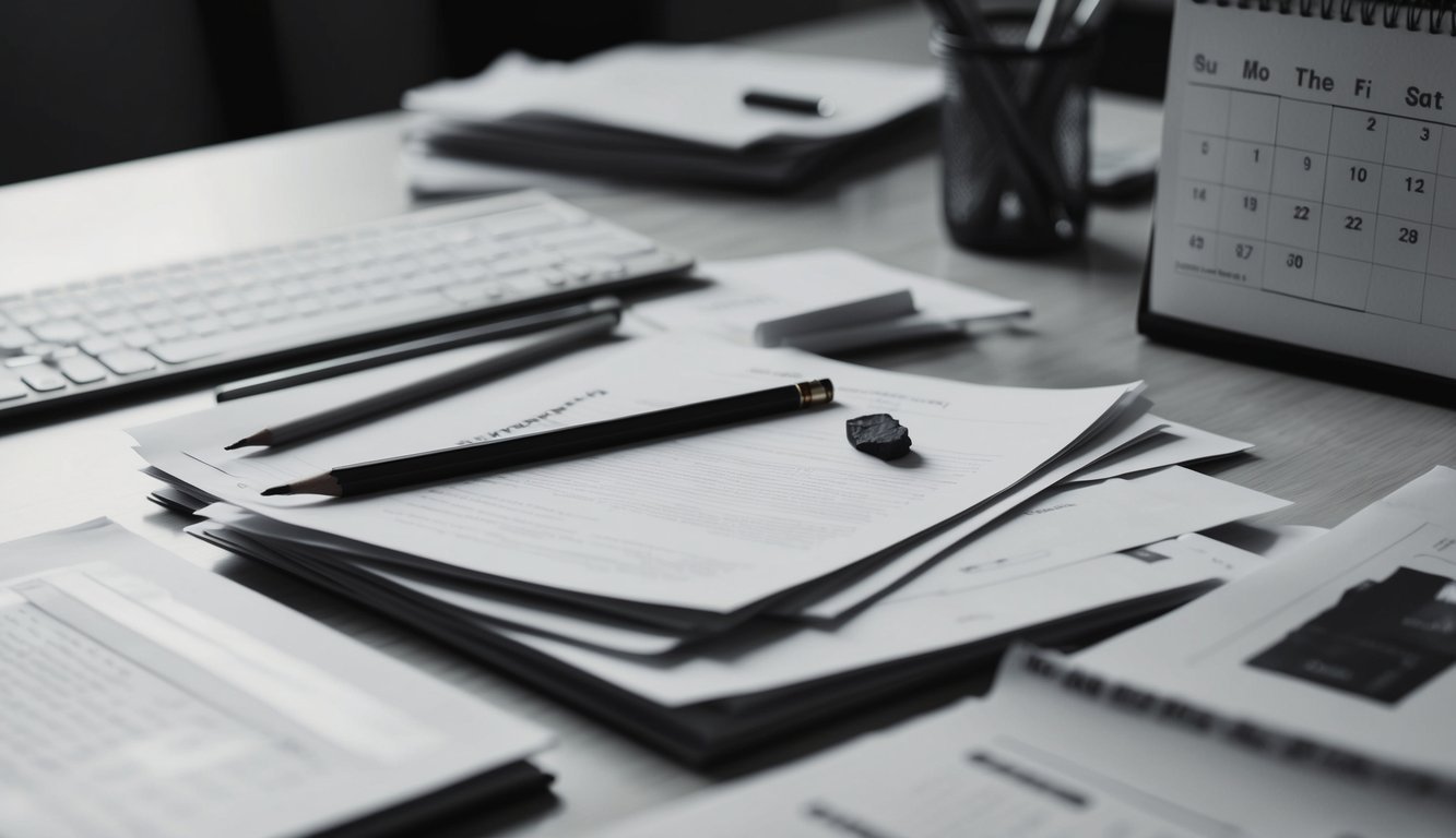 A disorganized desk scattered with papers, a broken pencil, and a chaotic calendar