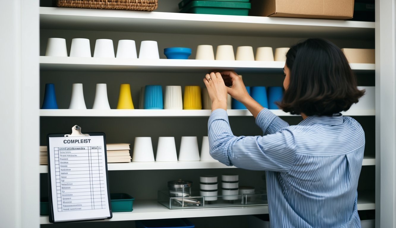 A person organizing items on a shelf, arranging them in precise, symmetrical patterns.</p><p>A checklist with completed tasks is visible nearby