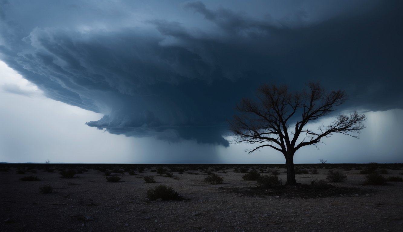 A dark storm cloud hovers over a barren landscape, casting a shadow over a lone tree struggling to grow