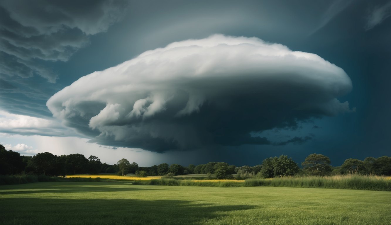 A turbulent storm cloud looms over a calm landscape, shrouding it in shadows