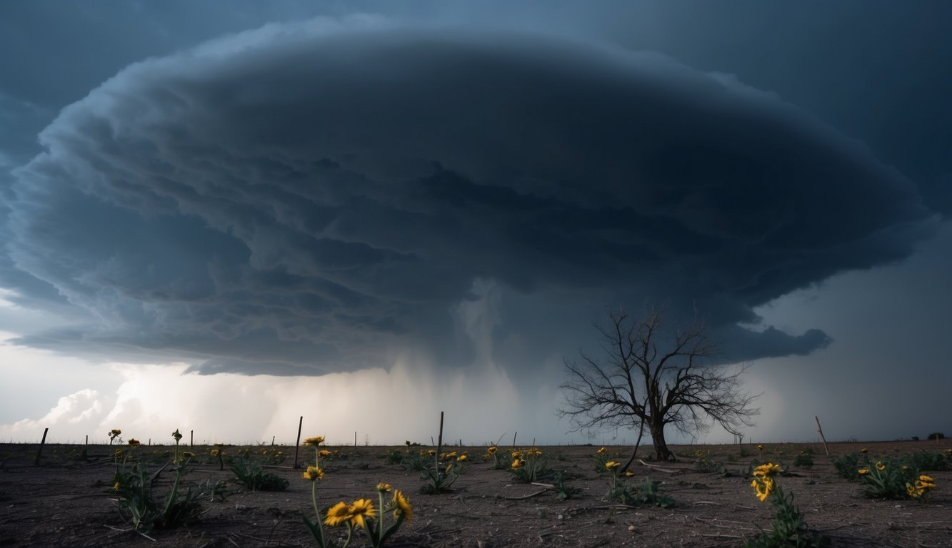 A dark storm cloud looms over a barren landscape filled with wilted flowers and a lone tree bent in despair