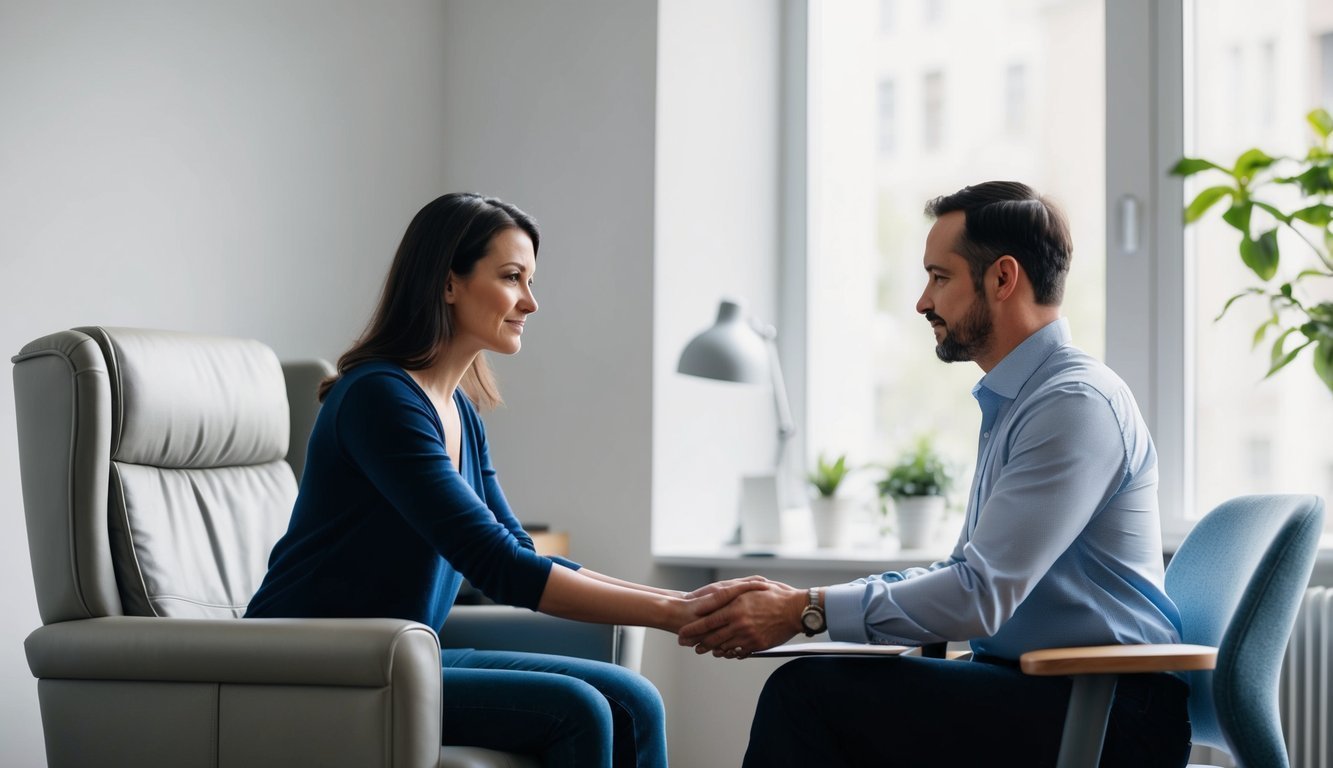 A therapist leading a counseling session with a patient, comfortably seated in a well-lit office