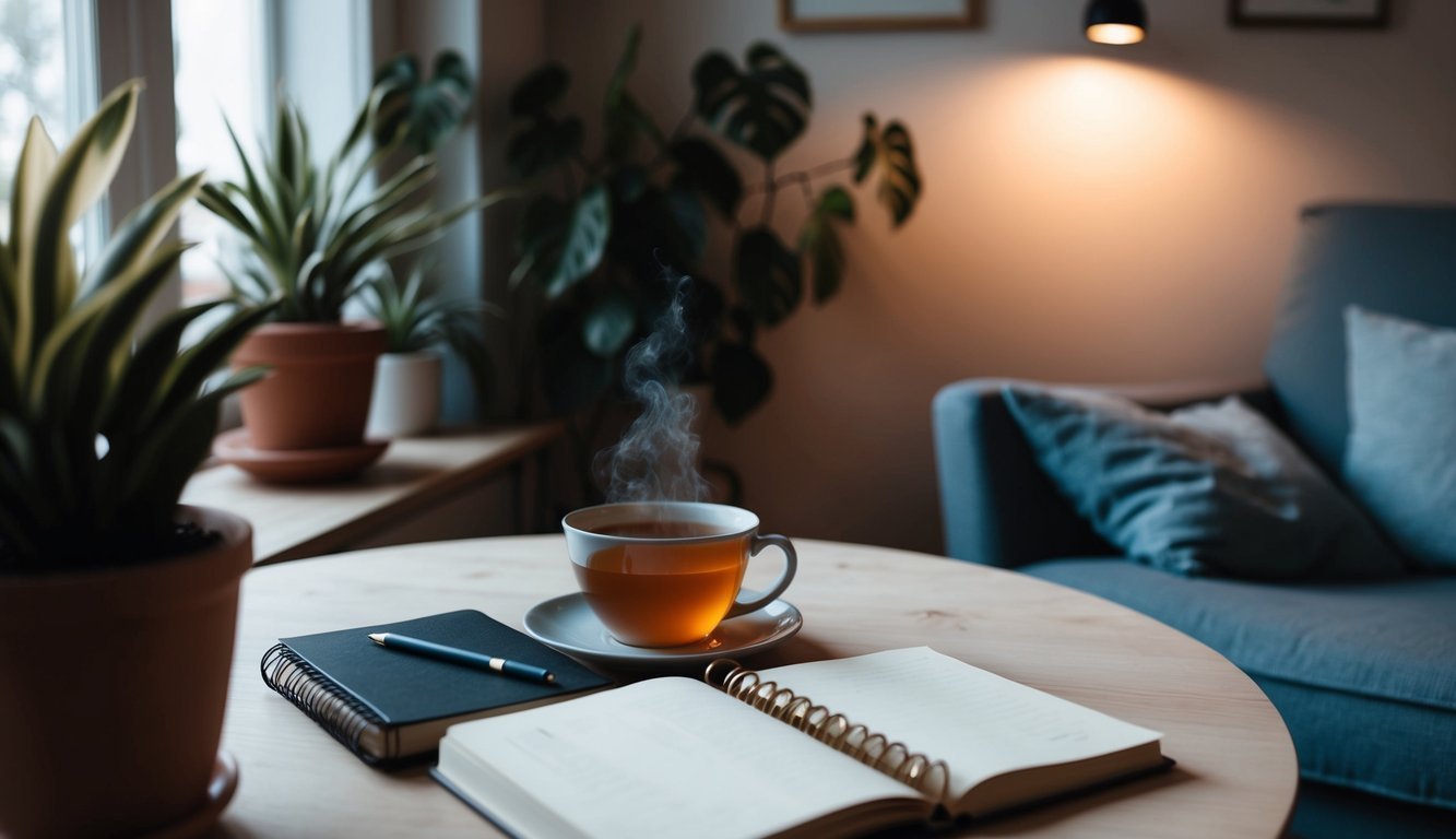 A cozy room illuminated by soft light, featuring a warm cup of tea, a journal, and a comfortable chair.</p><p>The tranquil atmosphere is enhanced by plants and calming colors