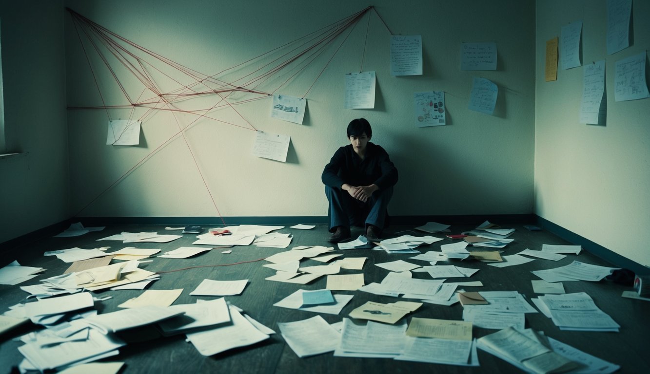 A figure sits alone in a dimly lit room, surrounded by scattered papers and a tangled web of red string connecting various notes and drawings on the wall