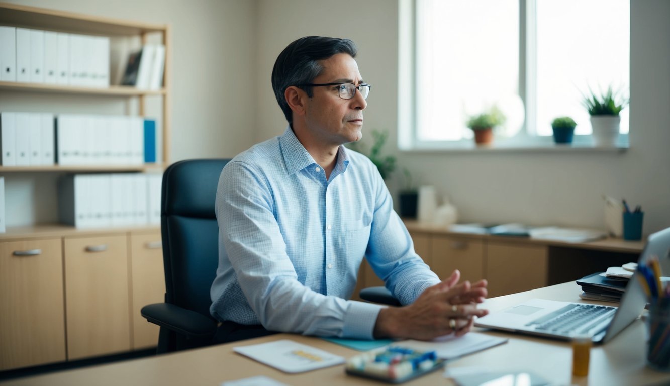 A person sitting in a psychiatrist's office, discussing medication and therapy options for managing schizophrenia