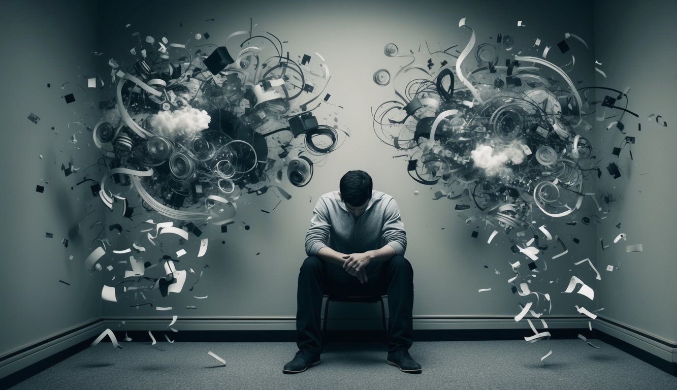 A person sitting alone in a dimly lit room, surrounded by chaotic and conflicting thoughts represented by swirling patterns and disjointed imagery