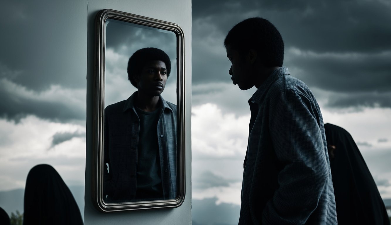 A person viewing a distorted reflection in a mirror, set against a backdrop of a clouded sky and ominous shadows