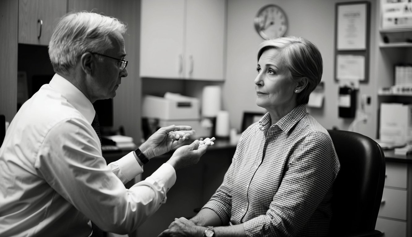 A person sitting in a psychiatrist's office, discussing symptoms and receiving medication