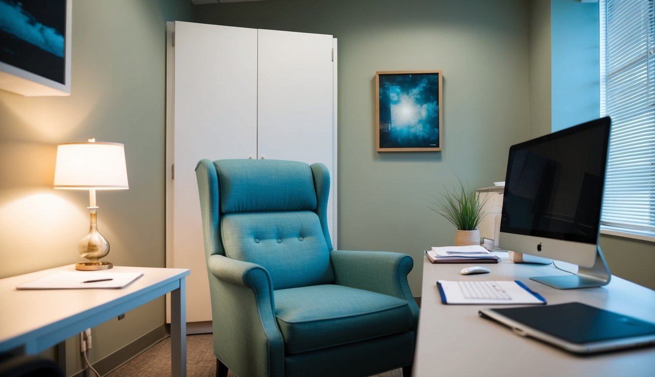 A therapist's office with a comfortable chair, soft lighting, and a desk with a computer and paperwork.</p><p>A calming and safe environment for a clinical diagnosis and evaluation of PTSD