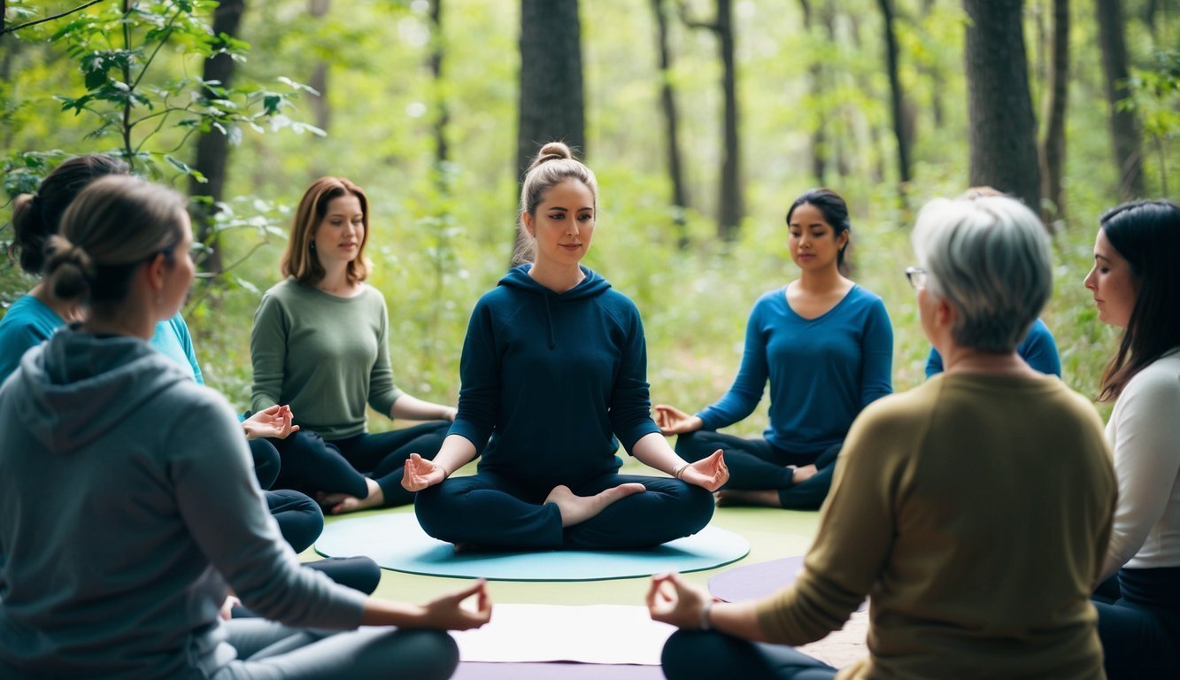 A person sitting in a circle of support, surrounded by nature, engaging in therapy activities such as art, yoga, and mindfulness meditation to manage their PTSD