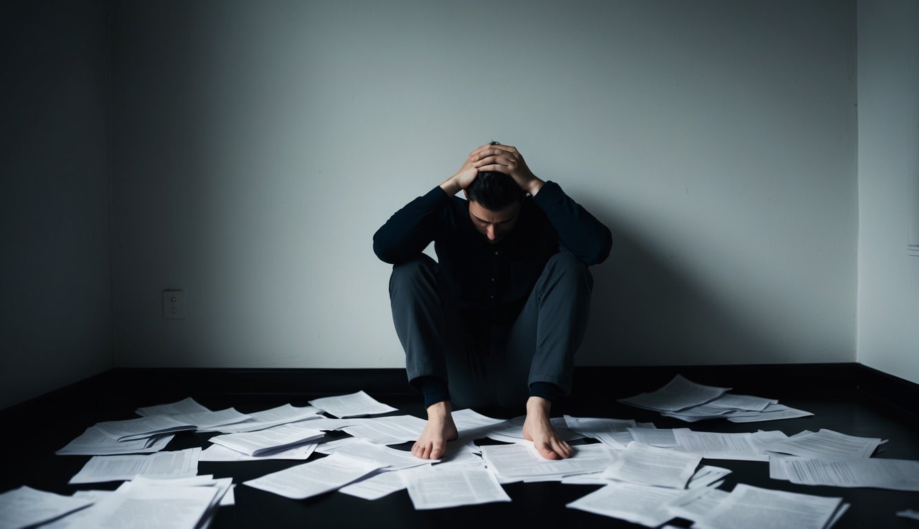 An individual alone in a dim room, with their head in their hands, surrounded by disorganized papers and exhibiting signs of distress