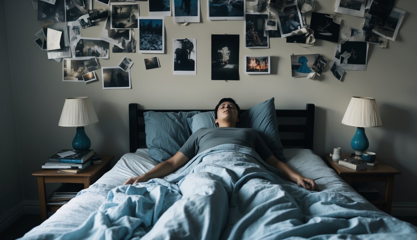 A person lying awake in bed, surrounded by chaotic images and memories, unable to sleep