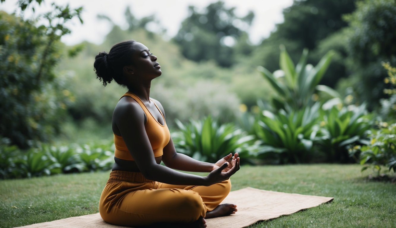 An individual situated in a serene, nature-filled environment, engaging in calming practices such as deep breathing or mindfulness techniques for treating acute stress disorder