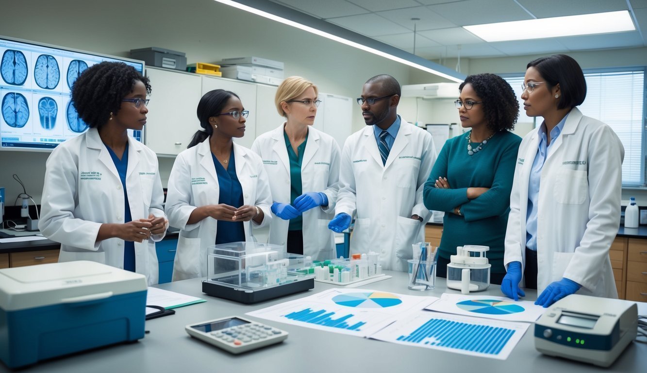 A group of scientists in a research lab, surrounded by brain scans, data charts, and medical equipment, discussing advancements in PTSD research