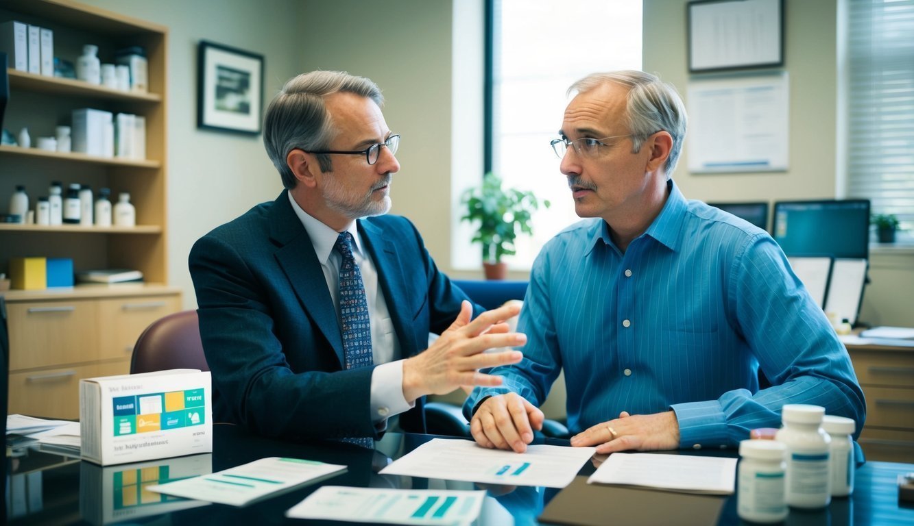 A psychiatrist sitting in an office, discussing treatment options with a patient.</p><p>Various therapy and medication options are displayed on the desk