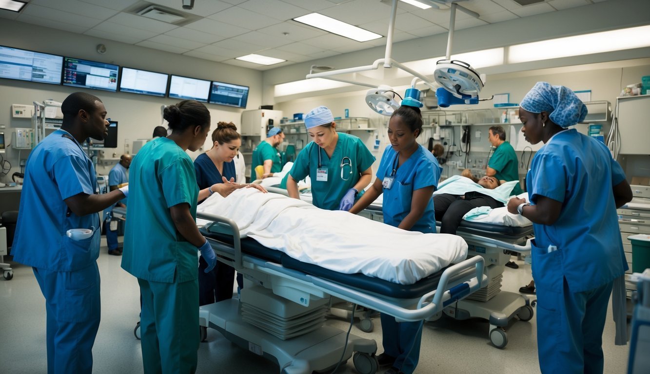 A hectic emergency room scene with medical personnel attending to distressed patients