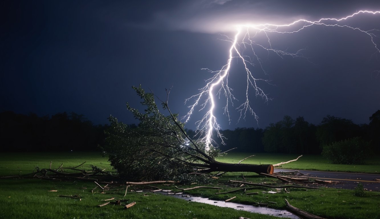 A stormy night with a tree struck by lightning, surrounded by broken branches and scattered debris