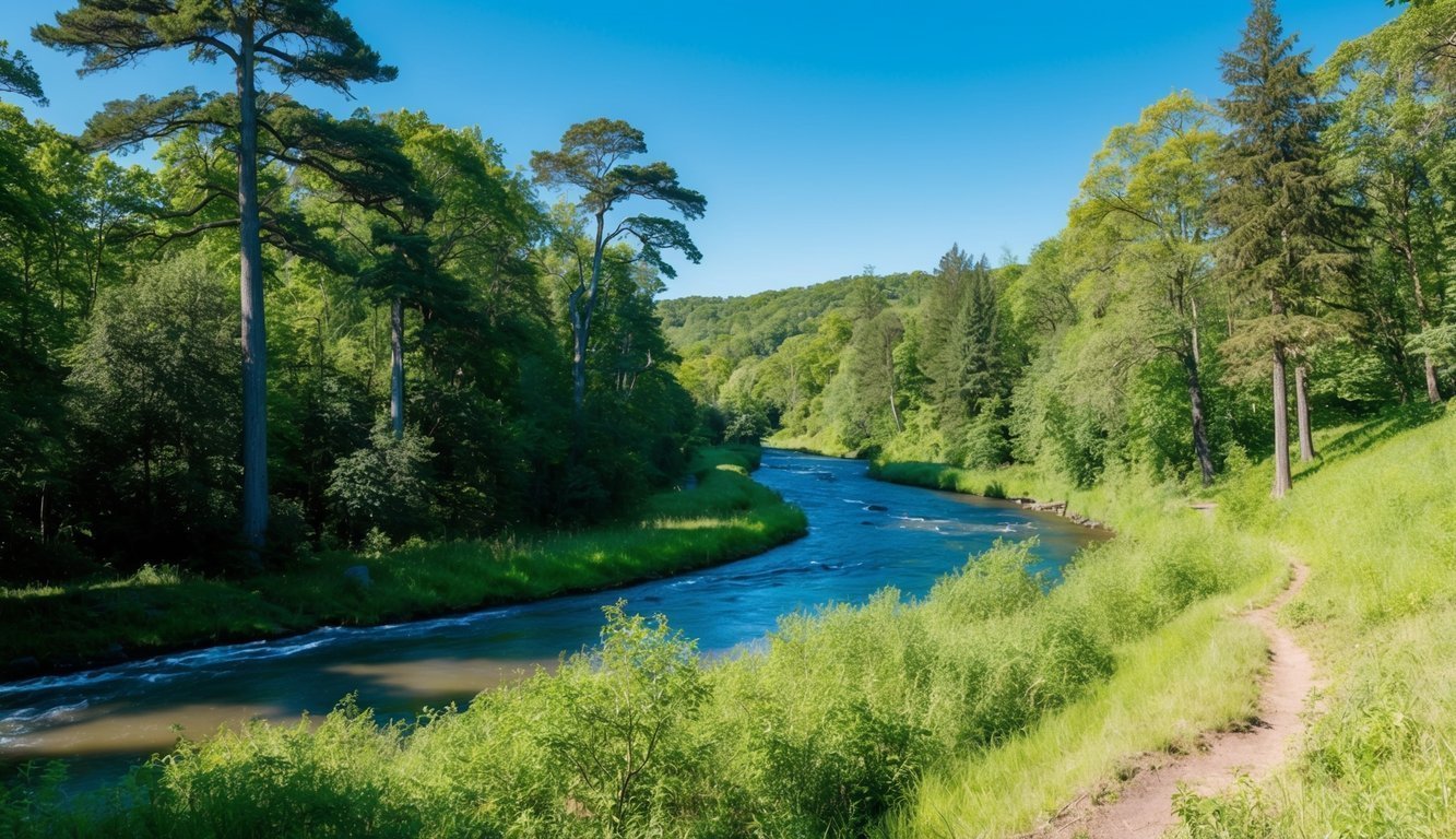 A tranquil forest with a winding river and a peaceful waterfall, surrounded by tall trees and lush greenery, beneath a clear blue sky