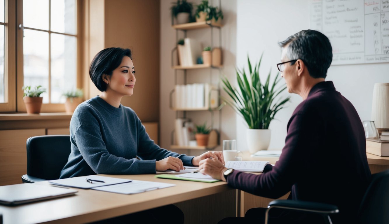 A person sitting in a cozy office, talking to a therapist while working through exercises and discussing coping strategies for managing their mental health disorders