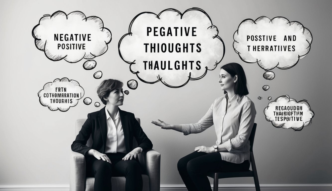 A person sitting in a chair, surrounded by thought bubbles with negative and positive thoughts.</p><p>A therapist stands nearby, guiding the person through the process