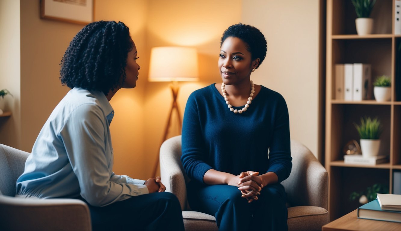 A therapist and client engage in dialogue, seated in a cozy office with warm lighting and comfortable furniture.</p><p>The therapist listens attentively, offering guidance and support