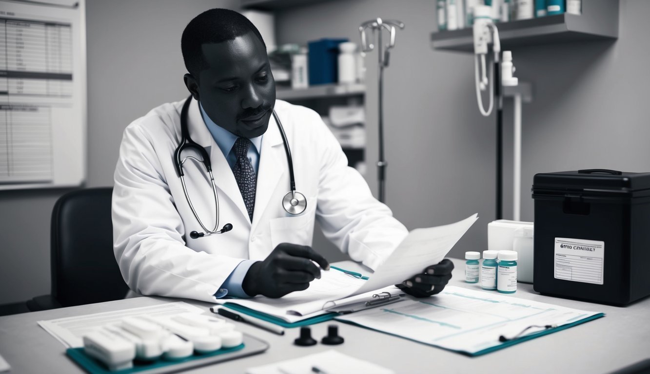 A doctor reviewing charts and medications, with a stethoscope and medical equipment nearby