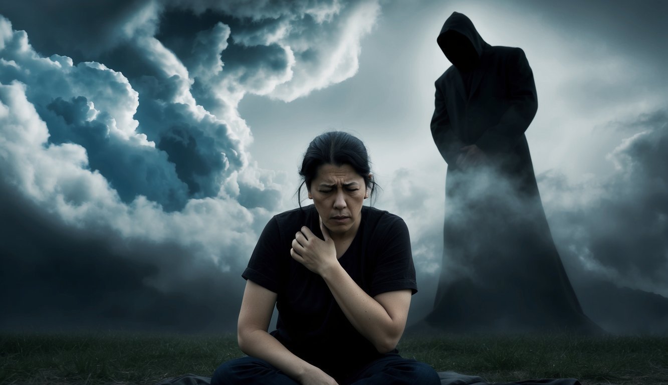 A person alone, surrounded by swirling clouds and a dark figure looming overhead, appearing tense and distressed with a hand pressed against their chest