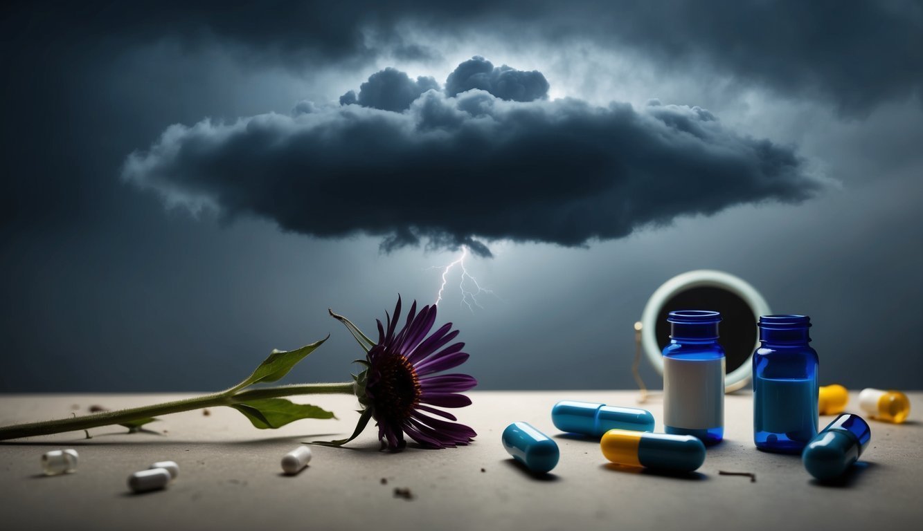 A dark storm cloud looming over a wilted flower, surrounded by empty pill bottles and a shattered mirror