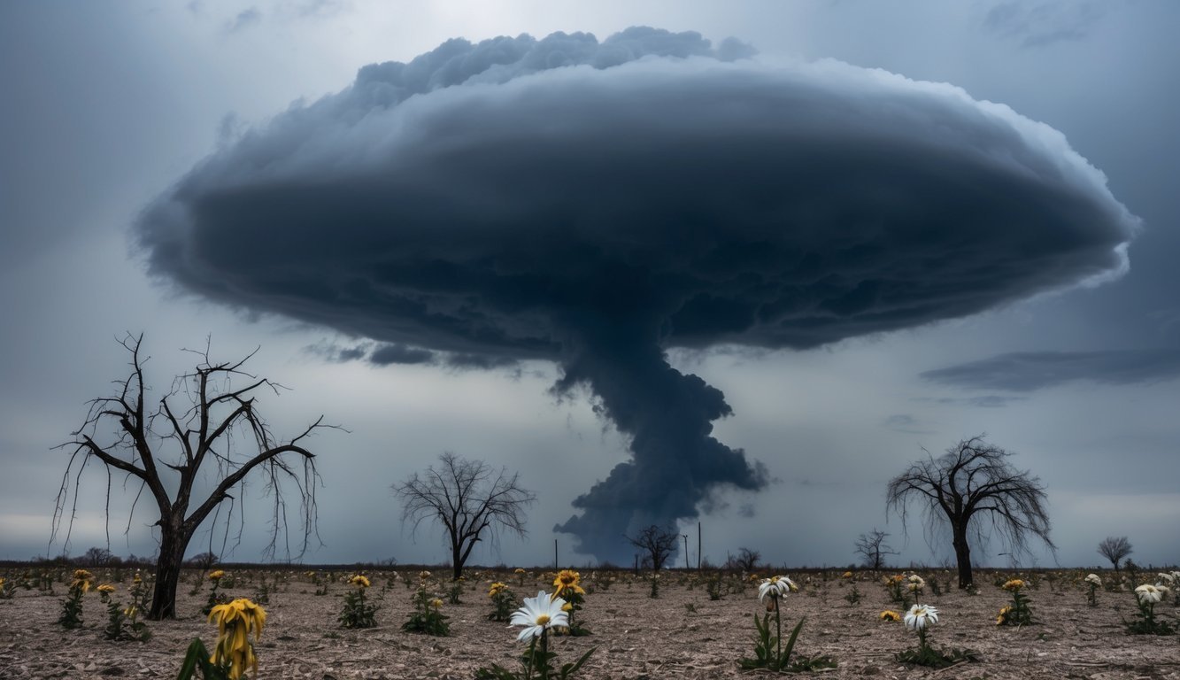 A dark storm cloud shadowing a barren site with wilting flowers and drooping trees, symbolizing the heavy burden of depression