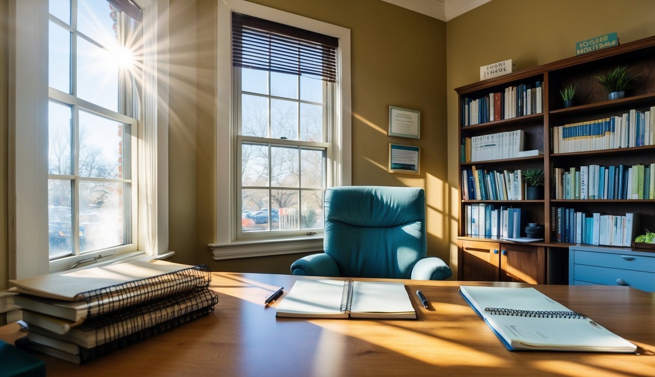 A welcoming office featuring a comfortable chair, a bookshelf filled with therapeutic resources, and a desk with a notepad and pen.</p><p>Sunlight streams through a window, creating a warm ambiance