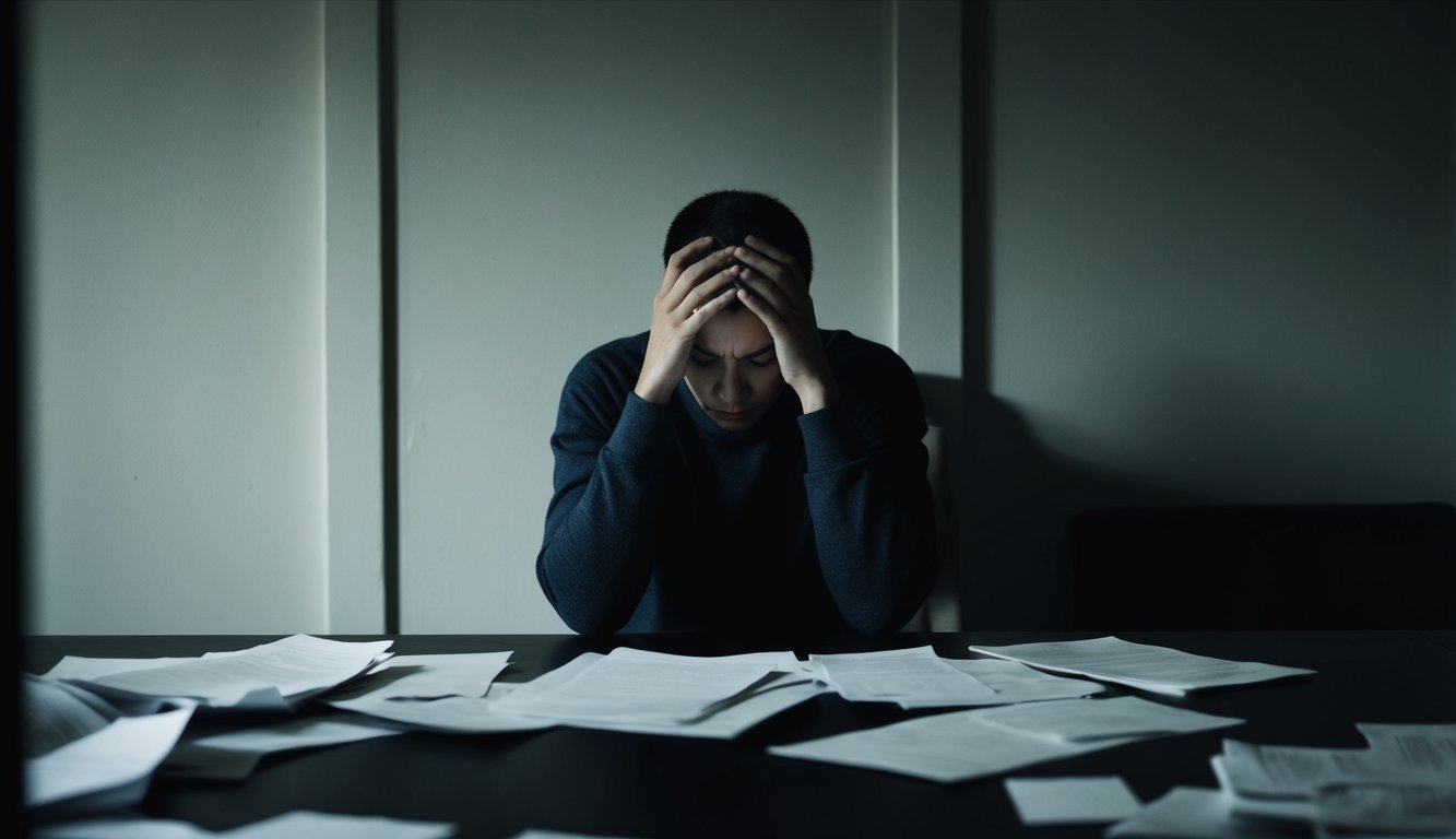 A person sitting alone in a dimly lit room, head in hands, surrounded by scattered papers and a blank stare