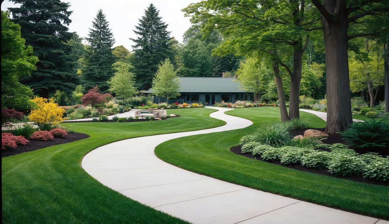 A tranquil landscape featuring a winding path leading to a peaceful therapy facility set among tall trees and colorful gardens