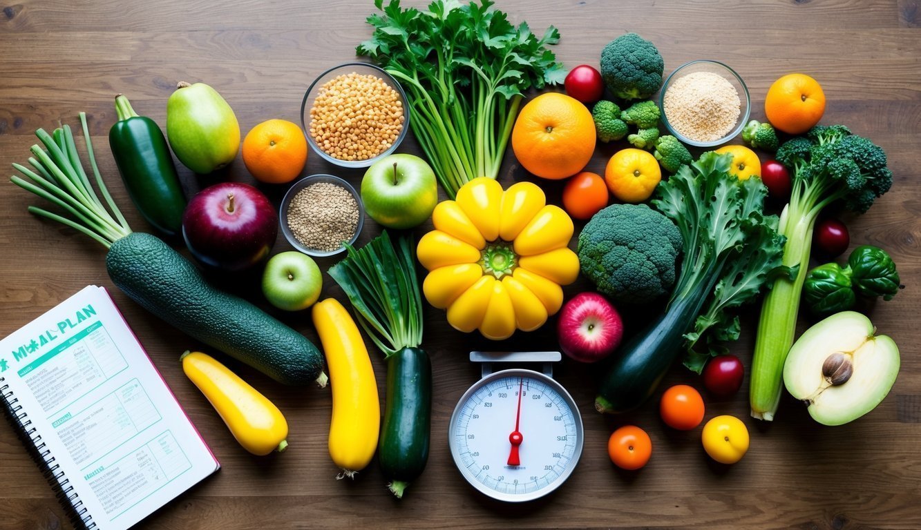 A table with a variety of colorful fruits, vegetables, and grains arranged in an appealing and balanced manner.</p><p>A measuring scale and a notebook with meal plans are also present