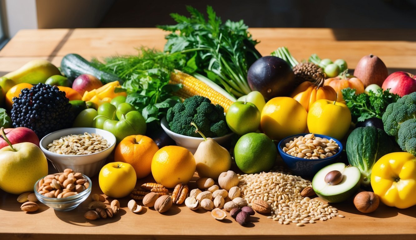 A vibrant assortment of fresh fruits, vegetables, nuts, and whole grains arranged on a wooden table.</p><p>Sunlight streams in, casting a warm glow on the colorful array