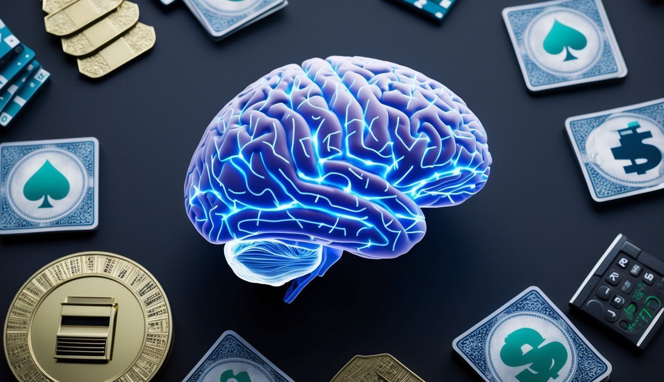 A brain with neural pathways lighting up, surrounded by symbols of addictive behaviors like gambling, gaming, and shopping