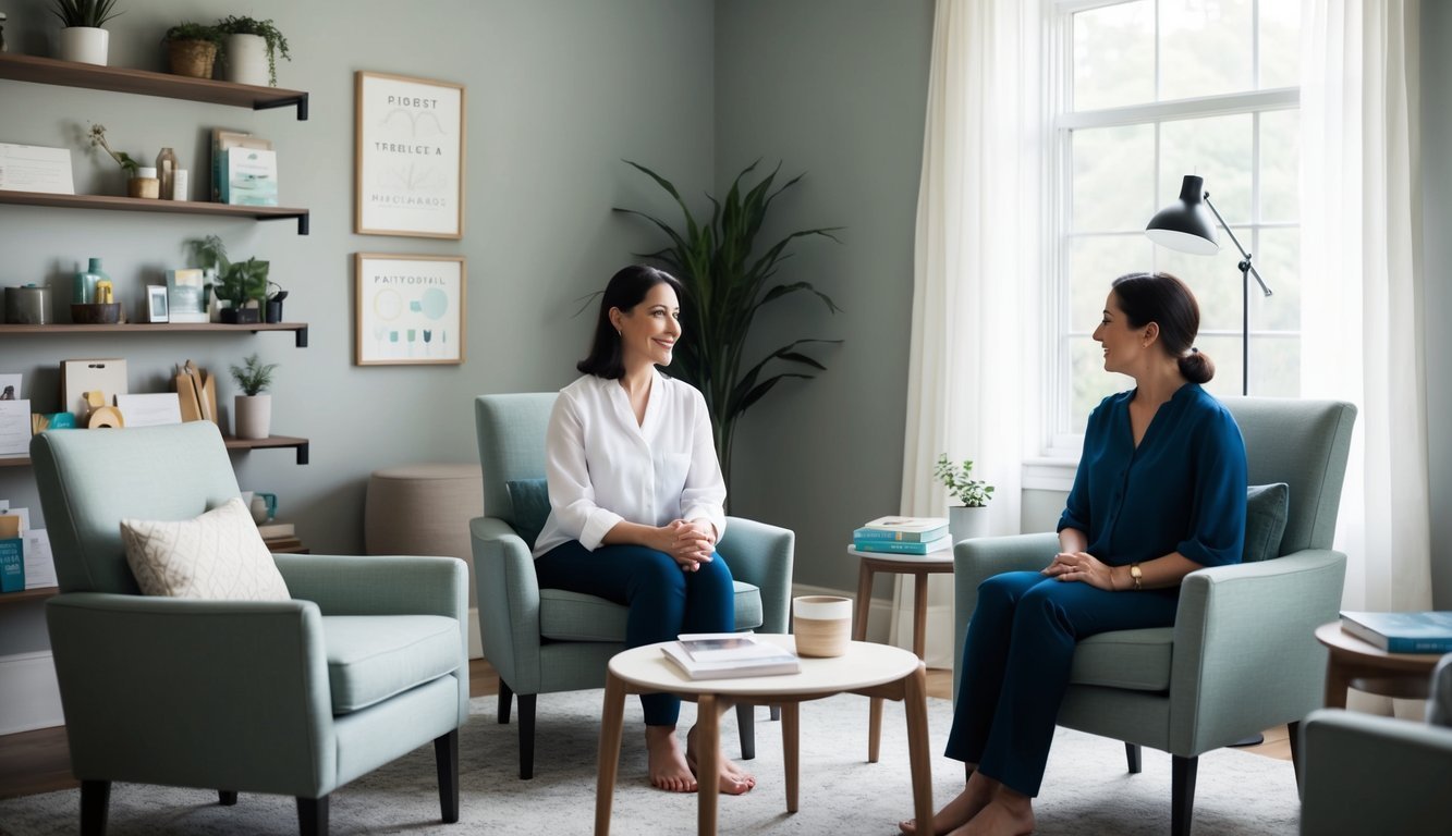 A serene room with comfortable seating, soft lighting, and calming decor.</p><p>A therapist and client engage in conversation, surrounded by tools and resources for various therapy and treatment approaches