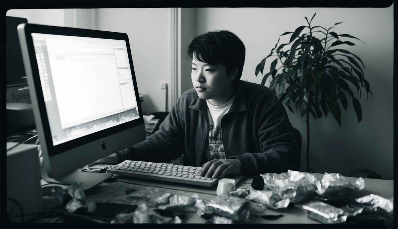 A person sitting at a computer surrounded by clutter, with empty food wrappers and a neglected plant in the background